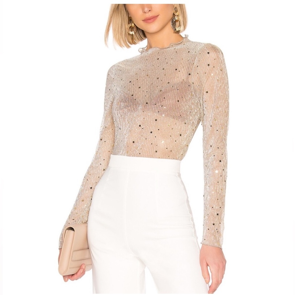 superdown Sheer Metallic Nude Long-Sleeve Top with Star Embellishments